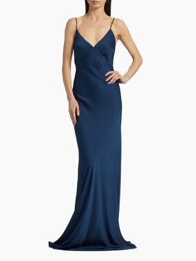 Satin Slip Gown with Spaghetti Straps - Navy